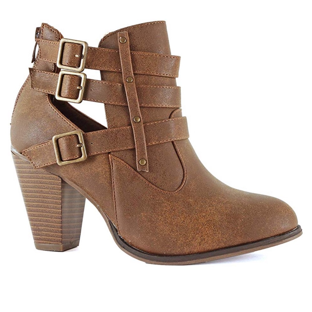 Tan Open Side Ankle Chunky Heel Booties - Picture 4 of 8